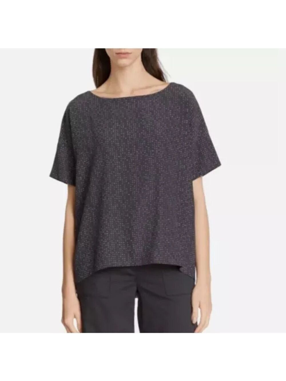 Eileen Fisher Petite Graphite Morse Code Dots Tencel/Viscose Boat Neck Top Sz PM